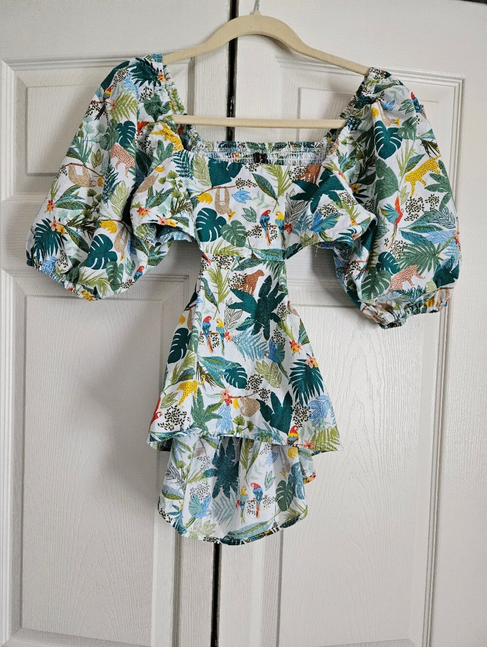 Tropical Off-Shoulder Puff Sleeve Blouse - Multicolor with open back.